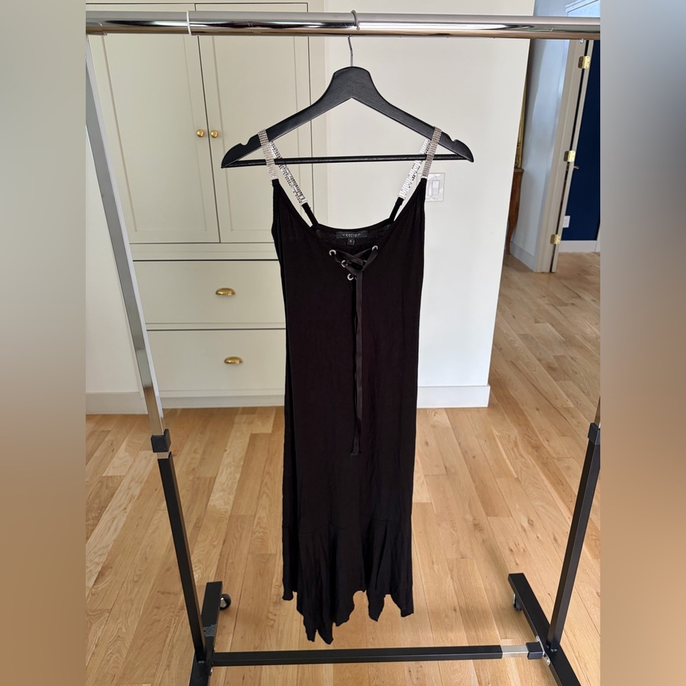 Vintage Vertigo Paris Black Slip Dress with Metallic Straps